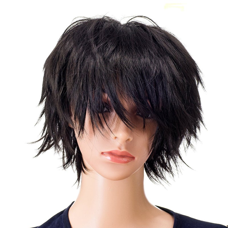 SWACC Unisex Fashion Spiky Layered Short Anime Cosplay Wig for Men and Women (1B-Off Black) - Image 1